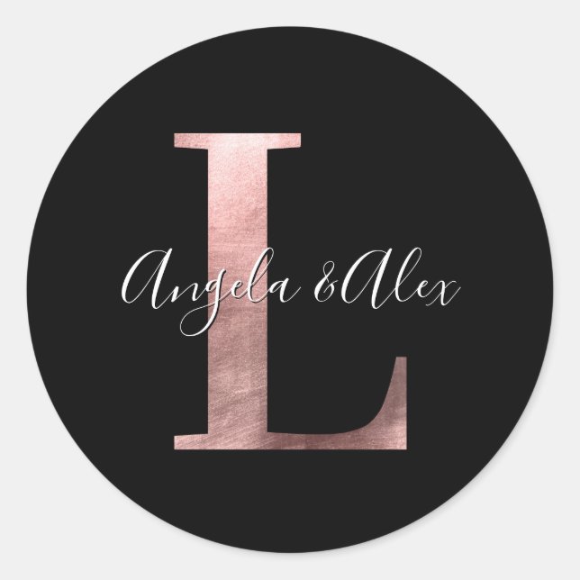 Sticker Rond Monogramme Mariage Classique Rose Gold Foil L Noir (Devant)