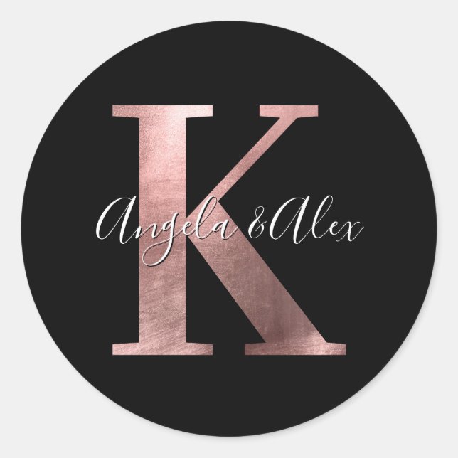 Sticker Rond Monogramme Mariage Classique Rose Gold K Noir (Devant)