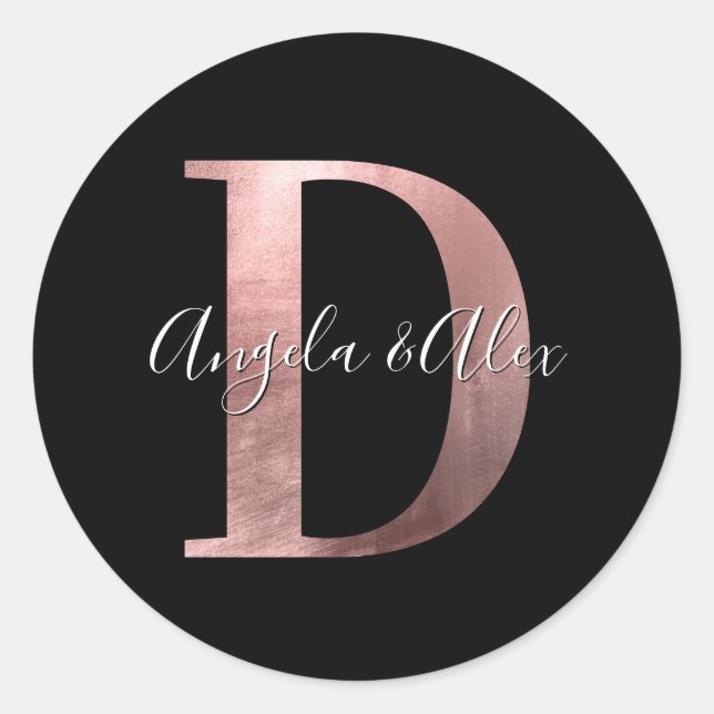 Sticker Rond Monogramme Mariage Classique Rose Or Feuille D Noi (Devant)