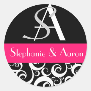 Sticker Rond Monogramme mariage damassé en noir et rose chaud