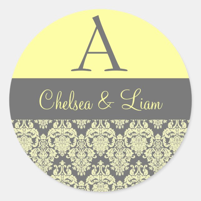 Sticker Rond Monogramme Mariage damassé jaune et gris V2 (Devant)