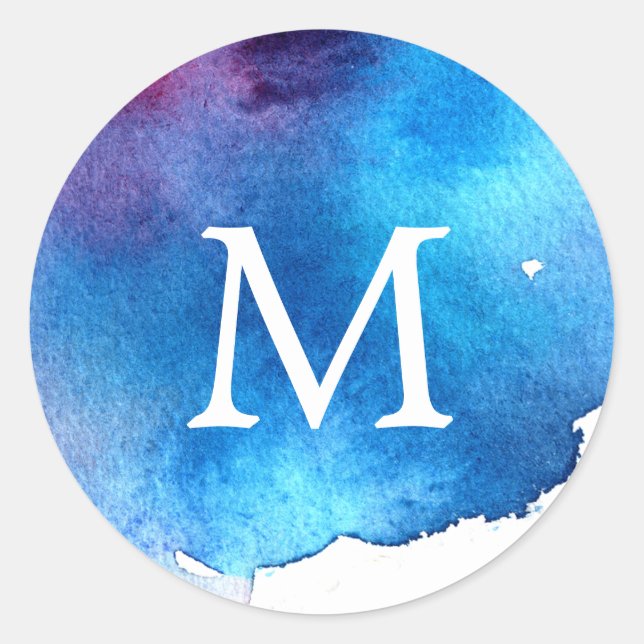 Sticker Rond Monogramme Mariage d'aquarelle bleu (Devant)