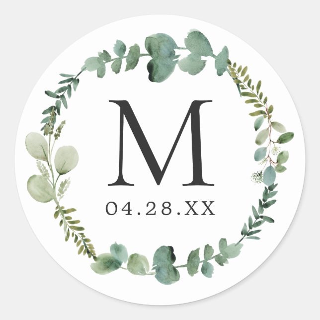 Sticker Rond Monogramme Mariage Date Eucalyptus Feuilles couron (Devant)