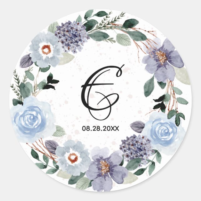 Sticker Rond Monogramme Mariage Date Purple Floral Wreath (Devant)
