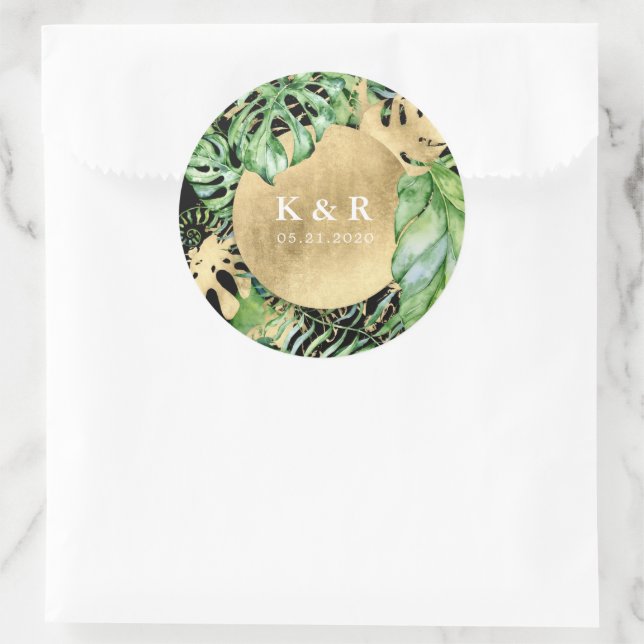 Sticker Rond Monogramme Mariage de feuillage doré tropical (Sac)