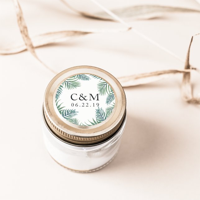 Sticker Rond Monogramme Mariage de feuillage tropical (Créateur téléchargé)