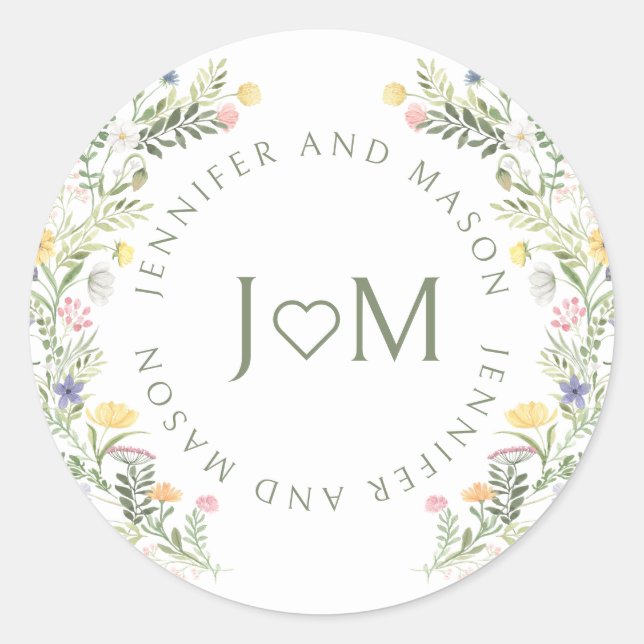 Sticker Rond Monogramme Mariage de fleurs sauvages de prairie c (Devant)