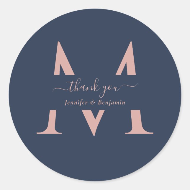 Sticker Rond Monogramme Mariage de la marine moderne bleu Blush (Devant)