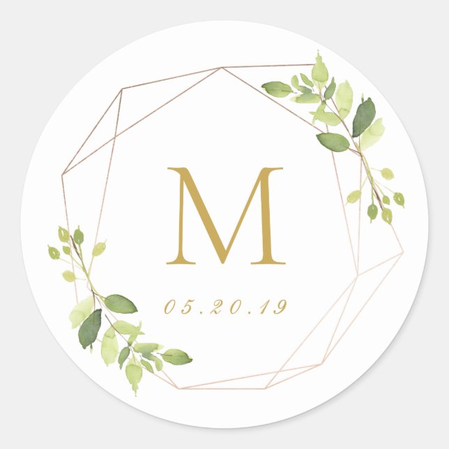 Sticker Rond Monogramme Mariage de verdure géométrique moderne (Devant)