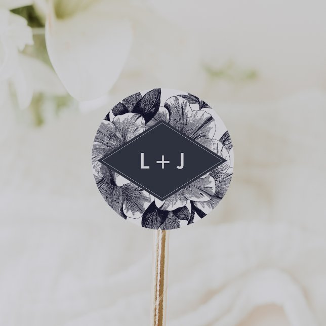 Sticker Rond Monogramme Mariage d'orchidée de minuit (Créateur téléchargé)