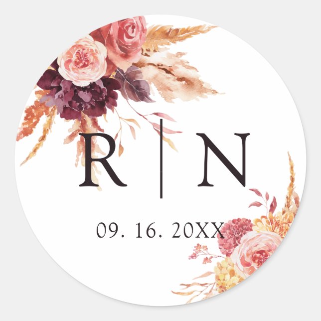 Sticker Rond Monogramme Mariage floral de Terracotta Bourgogne (Devant)