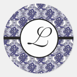 Sticker Rond Monogramme Mariage Kanji pour l'amour bleu Damask