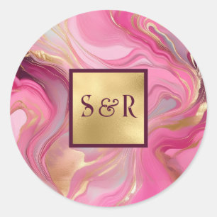 Sticker Rond Monogramme Mariage marbré rose et or
