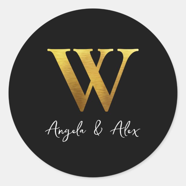 Sticker Rond Monogramme Mariage Métal Doré Brossé W Noir (Devant)