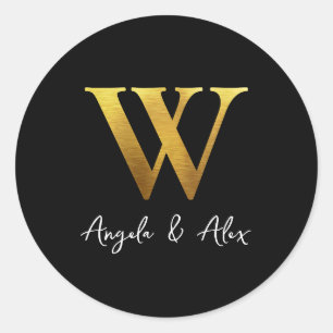 Sticker Rond Monogramme Mariage Métal Doré Brossé W Noir