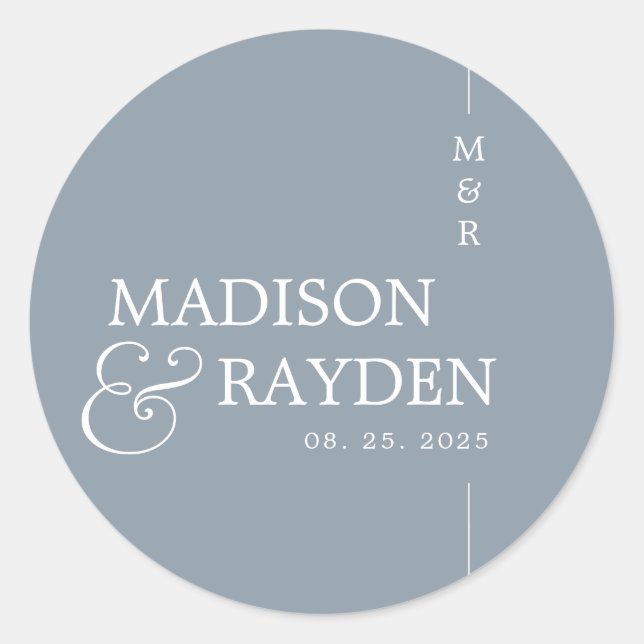 Sticker Rond Monogramme Mariage moderne Dusty Blue Chic Merci (Devant)