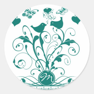 Sticker Rond Monogramme Mariage Oiseaux Cœurs Spirales Aqua Pro