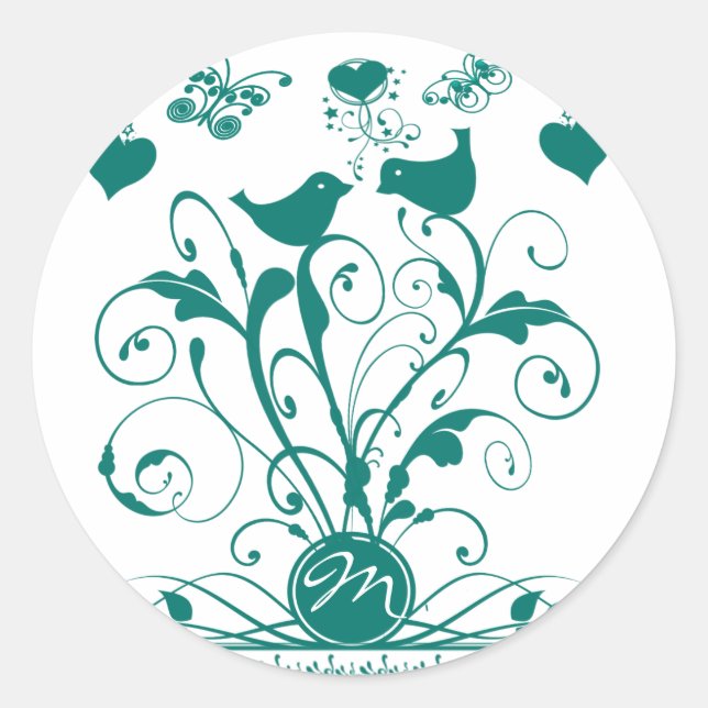 Sticker Rond Monogramme Mariage Oiseaux Cœurs Spirales Aqua Pro (Devant)