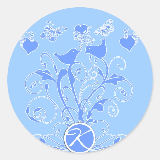 Sticker Rond Monogramme Mariage Oiseaux Cœurs Spirales Bleu (Devant)