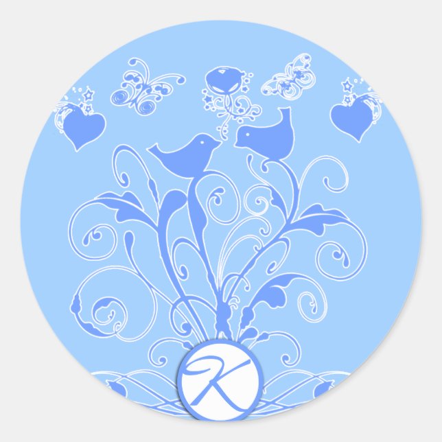 Sticker Rond Monogramme Mariage Oiseaux Cœurs Spirales Bleu Pou (Devant)