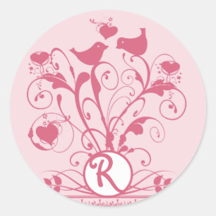 Sticker Rond Monogramme Mariage Oiseaux Cœurs Vrilles Chèvrefeu