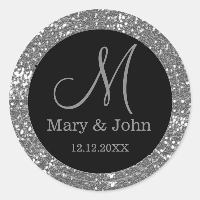 Sticker Rond Monogramme Mariage Parties scintillant Noir Et Arg (Devant)