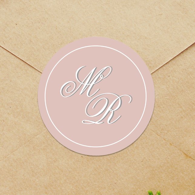 Sticker Rond Monogramme Mariage rose vierge personnalisé (Wedding Monogram Simple Blush Pink Stickers.)