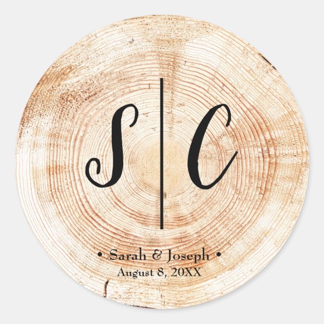 Sticker Rond Monogramme Mariage rustique Plaque de disque en bo (Devant)
