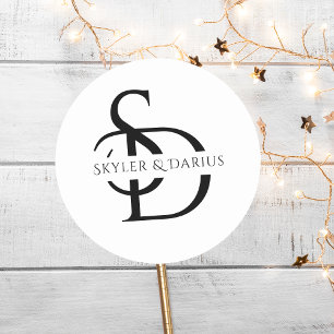 Sticker Rond Monogramme Mariage Simple Personnalisé Avec Nom