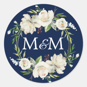 Sticker Rond Monogramme Marine Aquarelle bleu Blanc Floral Mari