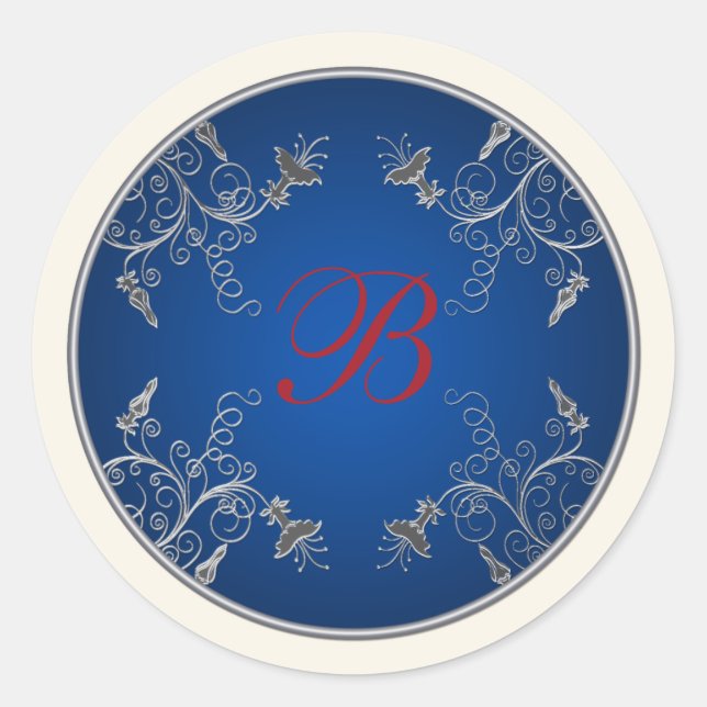 Sticker Rond Monogramme Marine, Ivoire, Rouge, Sticule floral a (Devant)