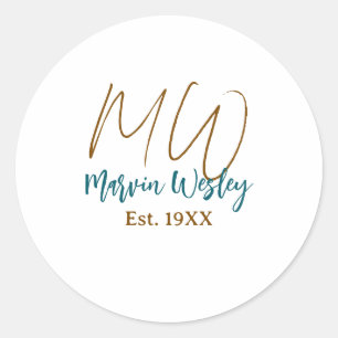Sticker Rond Monogramme marron bleu turquoise année simple mini