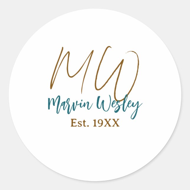 Sticker Rond Monogramme marron bleu turquoise année simple mini (Devant)