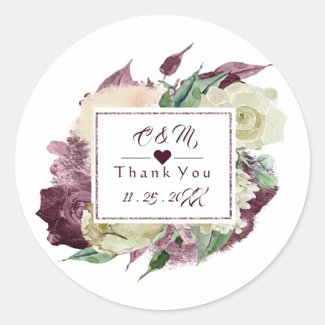 Sticker Rond Monogramme Marsala Bourgogne Faveur de Mariage Flo (Devant)