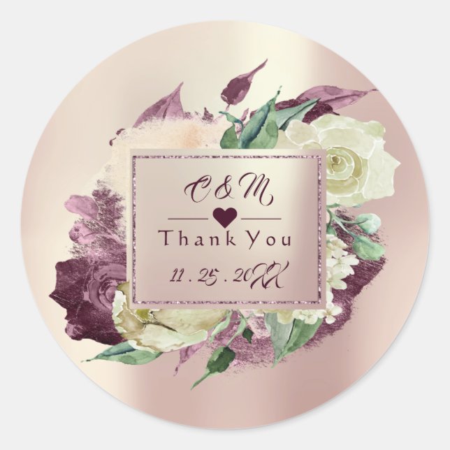 Sticker Rond Monogramme Marsala Bourgogne Faveur de Mariage Ros (Devant)