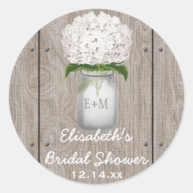 Sticker Rond Monogramme Mason Jar Blanc Hydrangea Fête des mari (Devant)