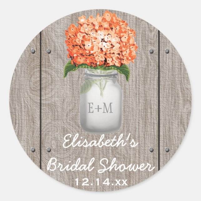 Sticker Rond Monogramme Mason Jar Orange Hydrangea Fête des mar (Devant)
