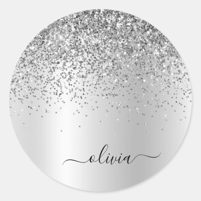Sticker Rond Monogramme Métal Paillettes Argent Nom Glam (Devant)