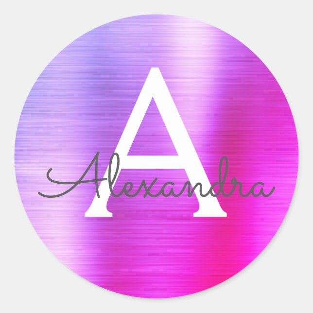 Sticker Rond Monogramme métallique violet et rose (Devant)