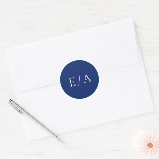 Sticker Rond Monogramme minimal Élégant Mariage bleu marine mod (Enveloppe)
