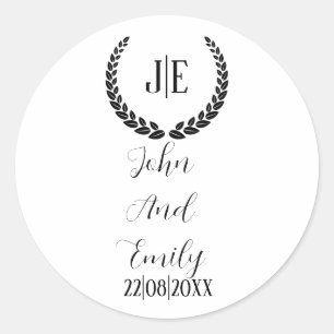 Sticker Rond Monogramme minimaliste élégant mariage noir et bla