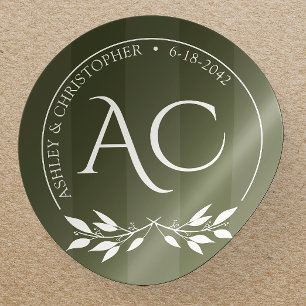 Sticker Rond Monogramme minimaliste Mariage vert olive rayé