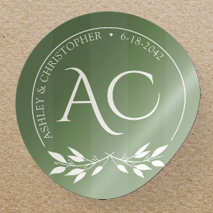 Sticker Rond Monogramme minimaliste Mariage vert rayé