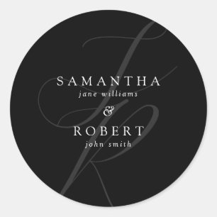 Sticker Rond Monogramme minimaliste moderne Mariage noir et bla