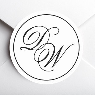 Sticker Rond Monogramme Minimaliste Noir Blanc 2 Initiales Scri