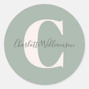 Sticker Rond Monogramme minimaliste vert sauge Écriture élégant