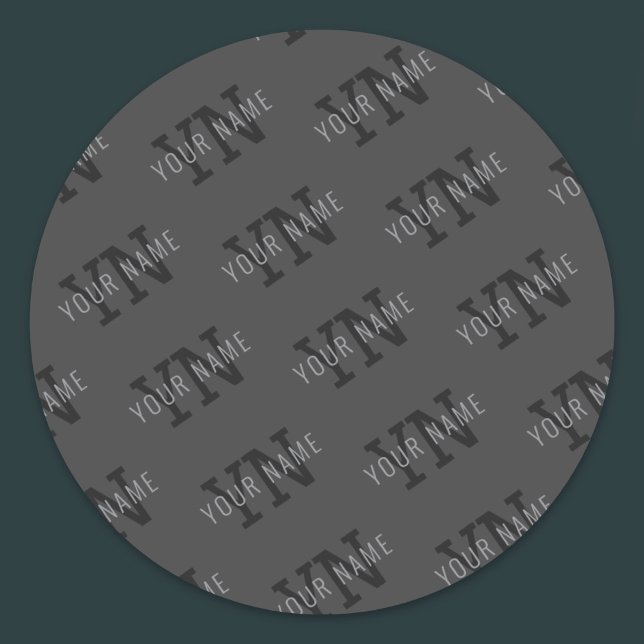 Sticker Rond Monogramme moderne Carrelé gris foncé Nom/autre te (Créateur téléchargé)