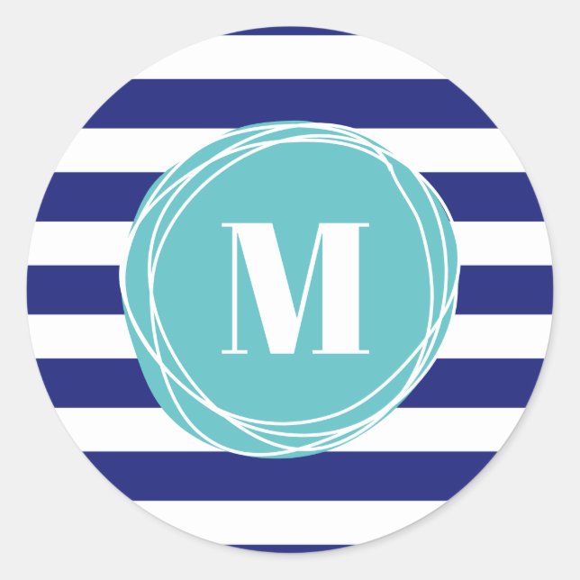 Sticker Rond Monogramme Moderne De Bleu Et D'Aqua (Devant)