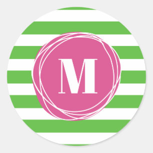 Sticker Rond Monogramme Moderne De Grandes Baies Rose Et Vert