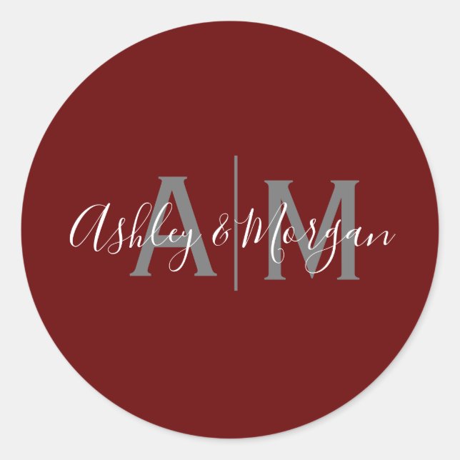 Sticker Rond Monogramme moderne de Grey and Red Couple (Devant)